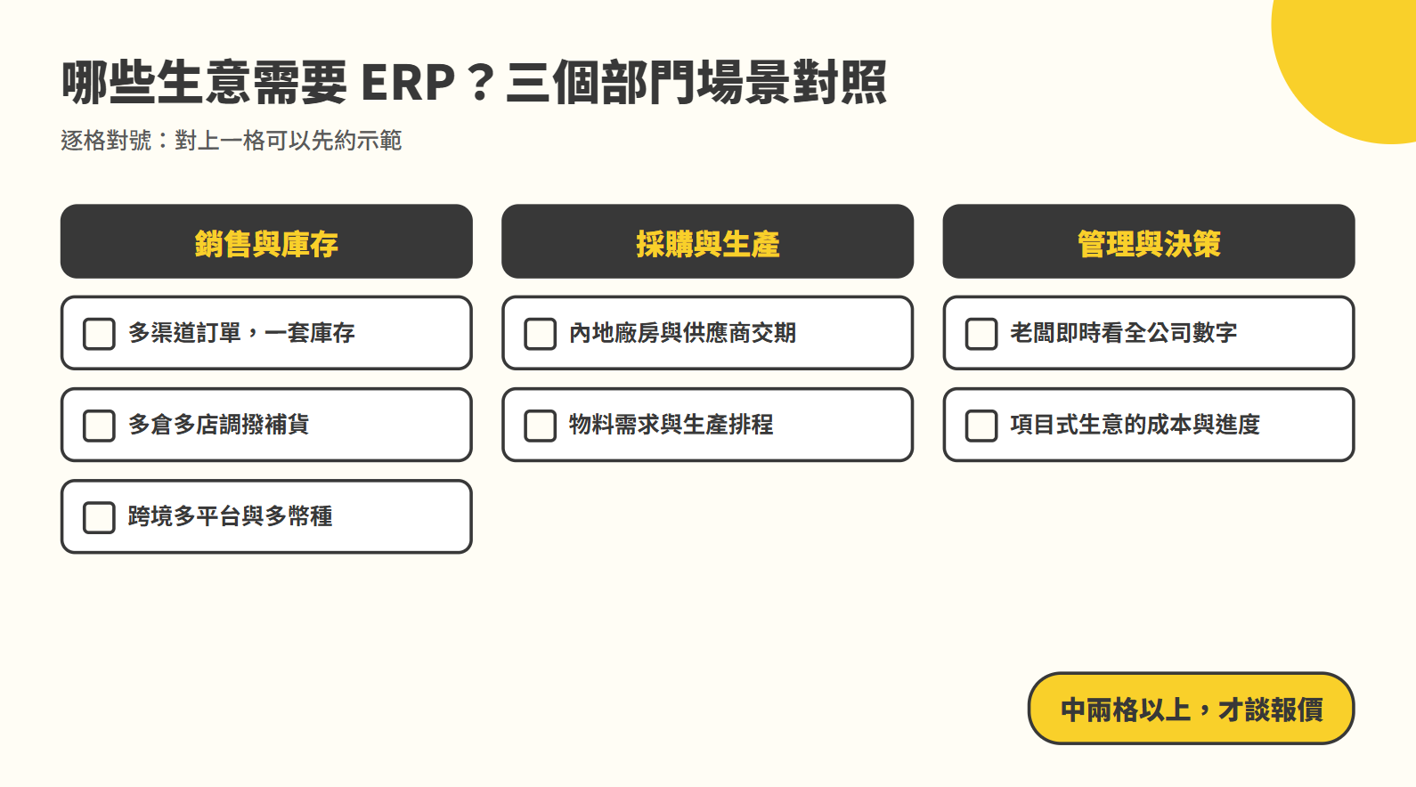 ERP 系統三個部門場景對照圖