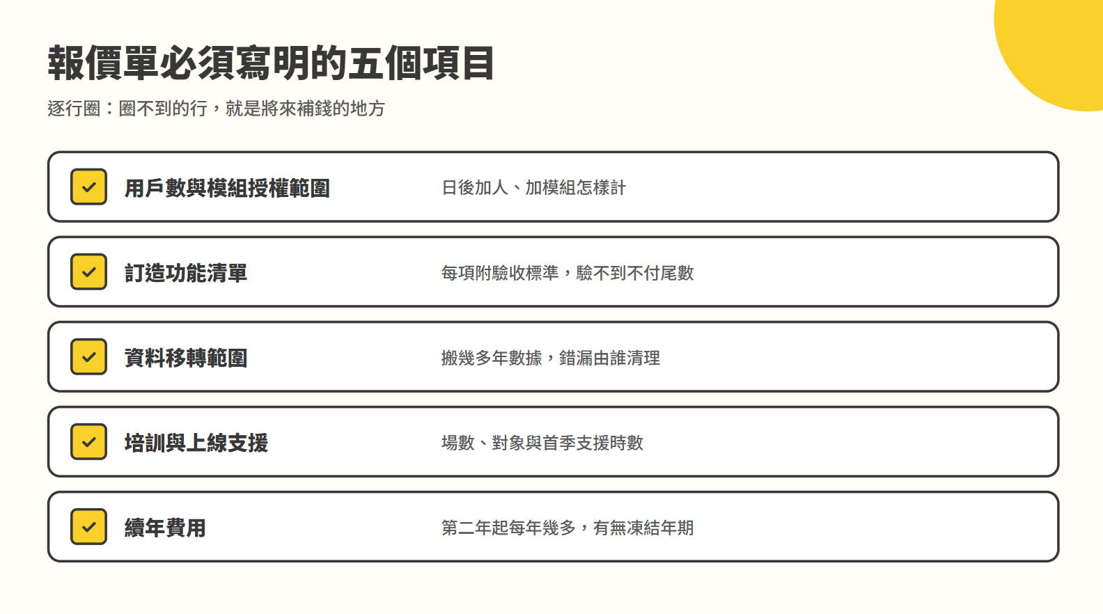 ERP 報價單必須寫明的五個項目清單圖