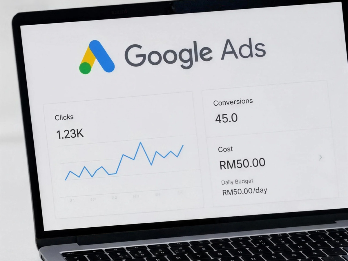 Google Ads 教學主圖，手提電腦畫面展示點擊、轉換與費用示意