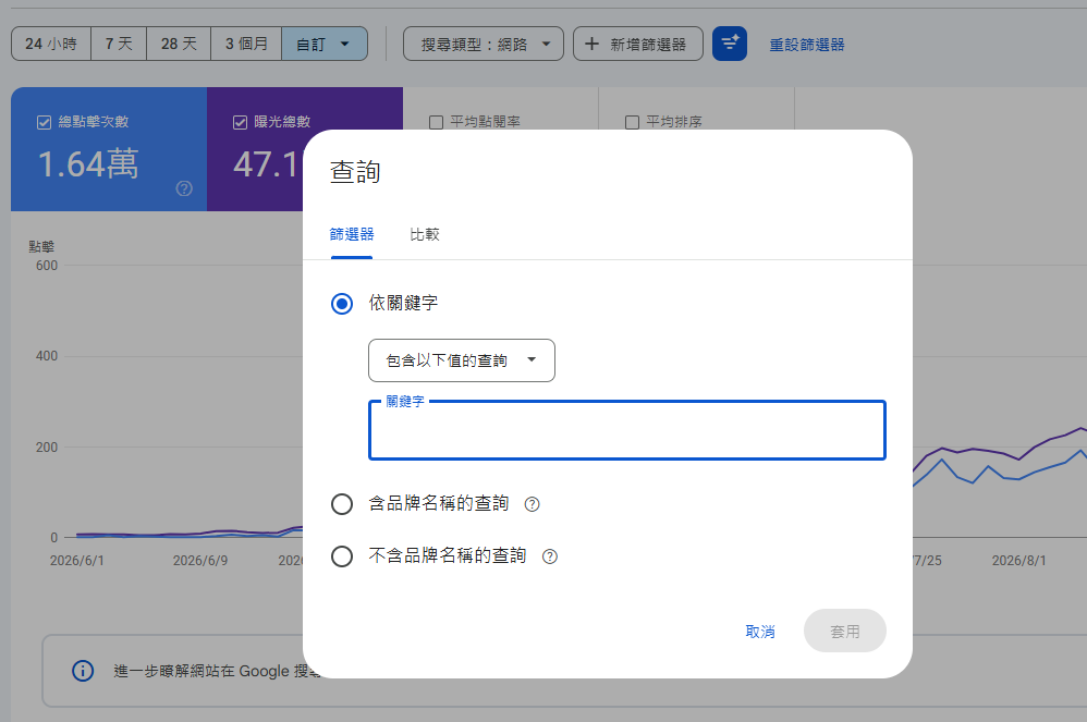 成效報表的「查詢」篩選器,可按關鍵字或品牌名稱篩選查詢