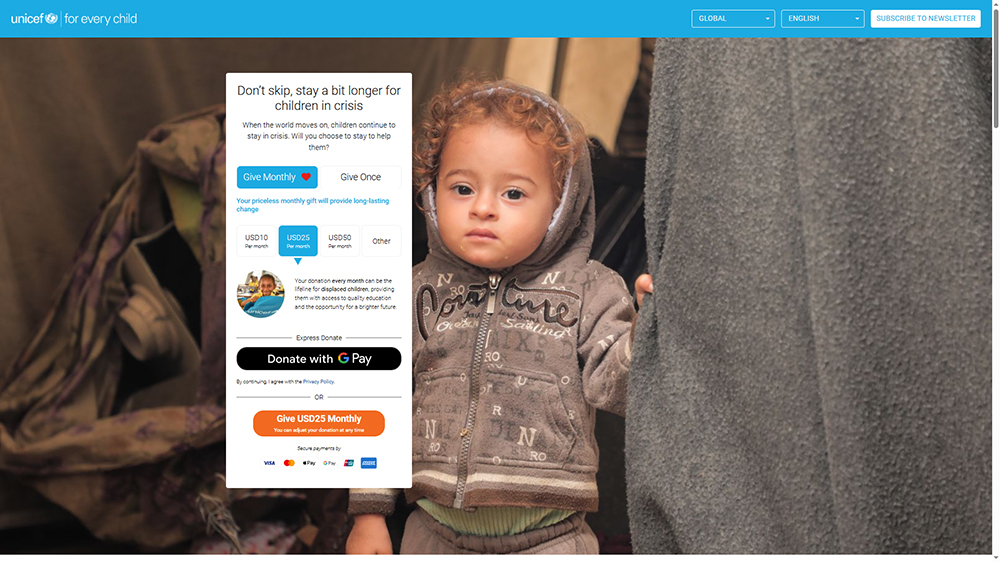UNICEF與Charity: Water訂閱制公益與互動捐款頁面設計