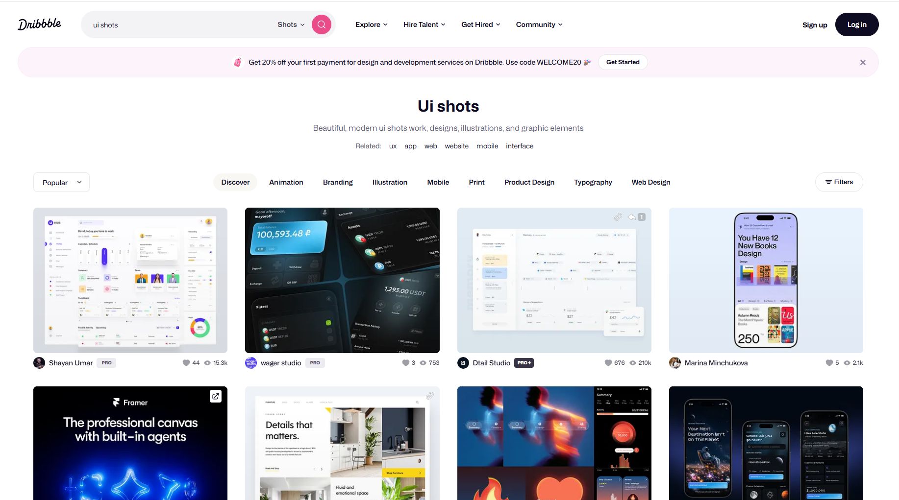 Dribbble UI shots 搜尋結果截圖,展示儀表板、手機介面與網站設計作品