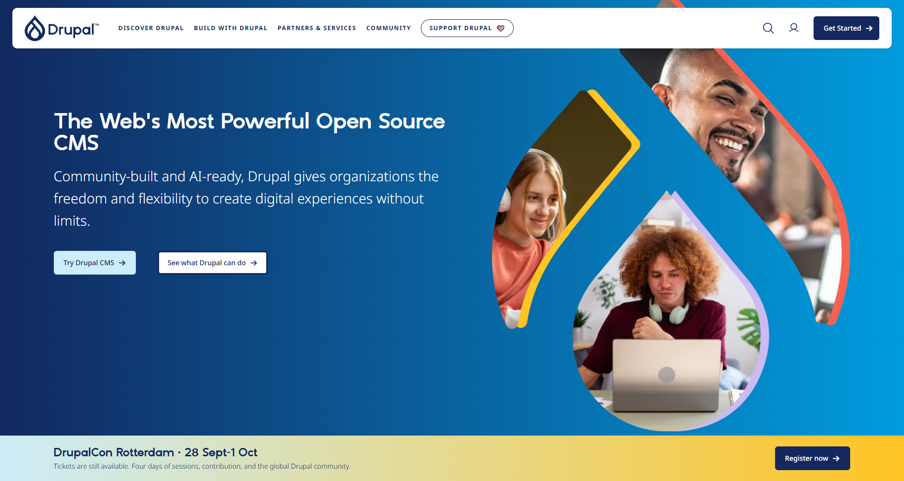 Drupal 官方網站截圖,介紹開源 CMS 並提供試用入口
