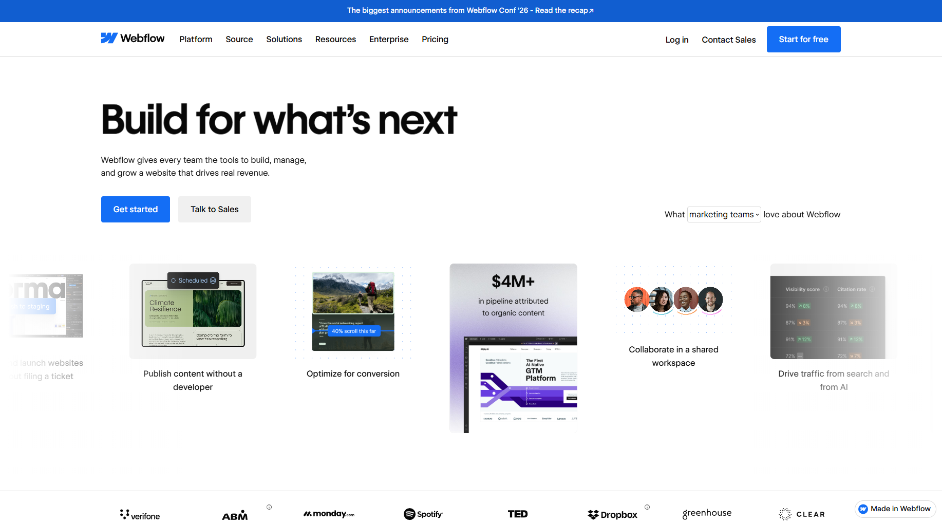 Webflow 官方網站截圖,展示內容發佈、轉換與團隊協作功能介紹
